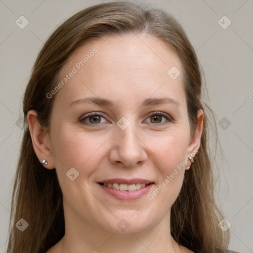 Joyful white young-adult female with long  brown hair and grey eyes