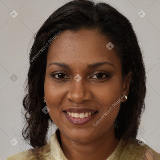 Joyful black young-adult female with medium  brown hair and brown eyes