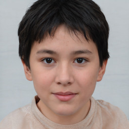 Joyful white child female with short  brown hair and brown eyes