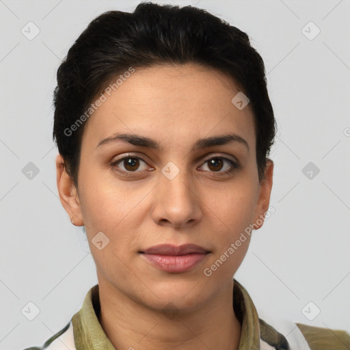 Joyful white young-adult female with short  brown hair and brown eyes