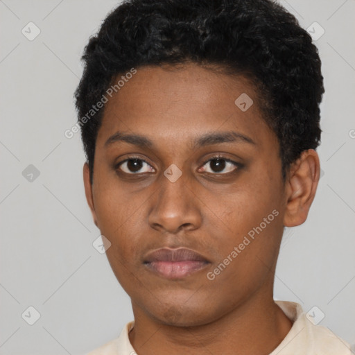 Neutral latino young-adult female with short  black hair and brown eyes