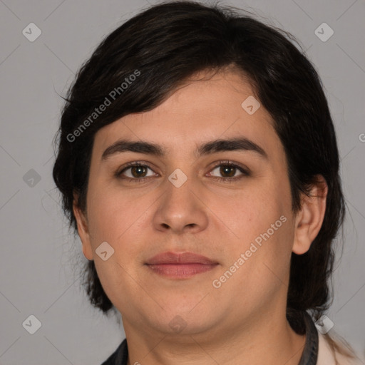 Joyful white young-adult female with medium  brown hair and brown eyes