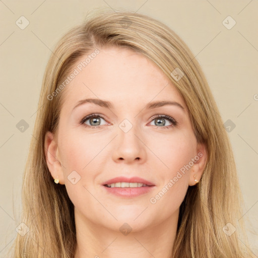 Joyful white young-adult female with long  brown hair and grey eyes