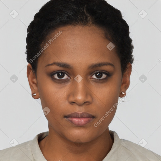 Neutral black young-adult female with short  black hair and brown eyes