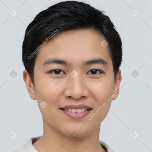 Joyful asian young-adult male with short  brown hair and brown eyes