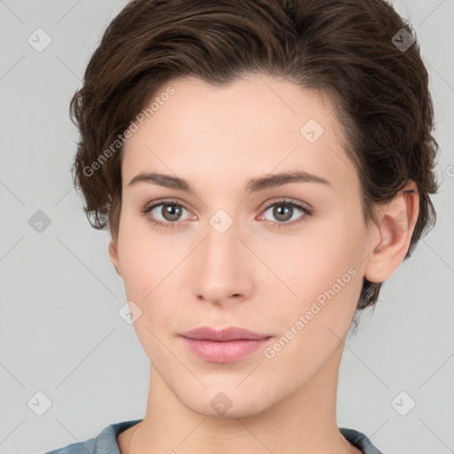 Neutral white young-adult female with short  brown hair and brown eyes