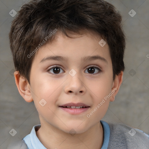 Joyful white child male with short  brown hair and brown eyes