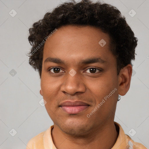 Joyful black young-adult male with short  brown hair and brown eyes