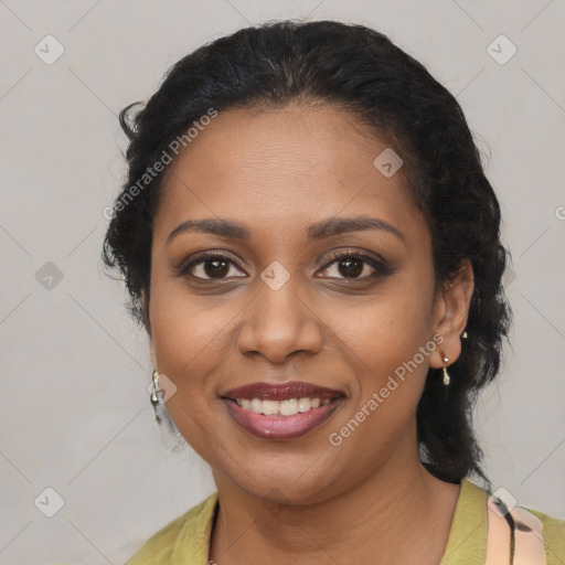 Joyful black young-adult female with medium  brown hair and brown eyes