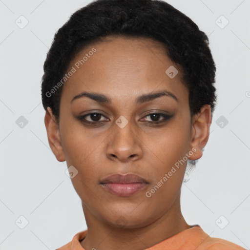 Neutral black young-adult female with short  black hair and brown eyes