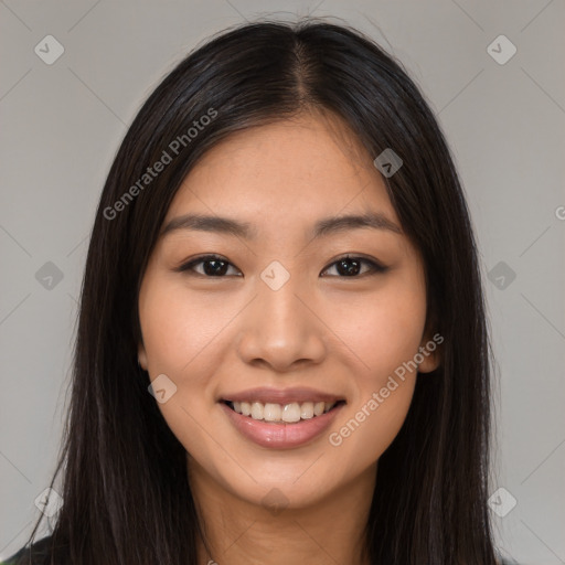 Joyful latino young-adult female with long  brown hair and brown eyes