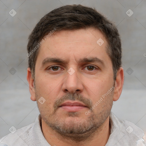 Neutral white adult male with short  brown hair and brown eyes