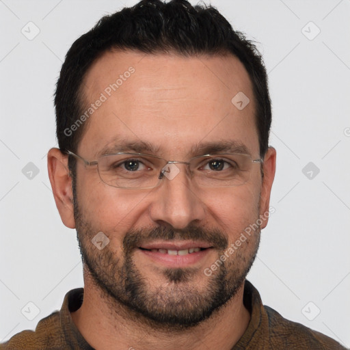 Joyful white adult male with short  brown hair and brown eyes