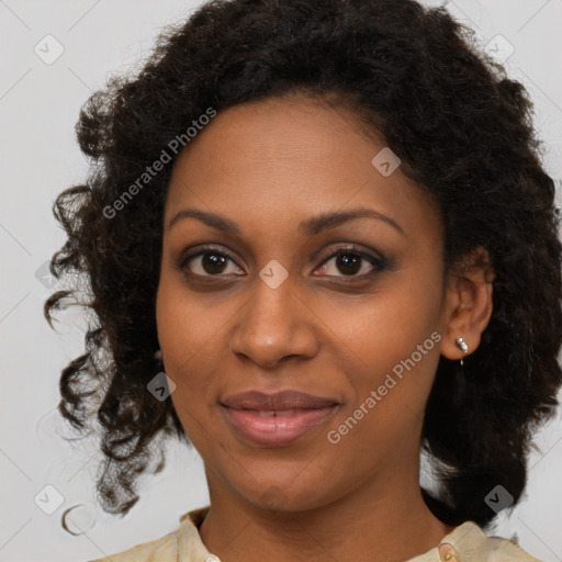 Joyful black young-adult female with medium  brown hair and brown eyes