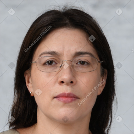 Neutral white adult female with medium  brown hair and brown eyes