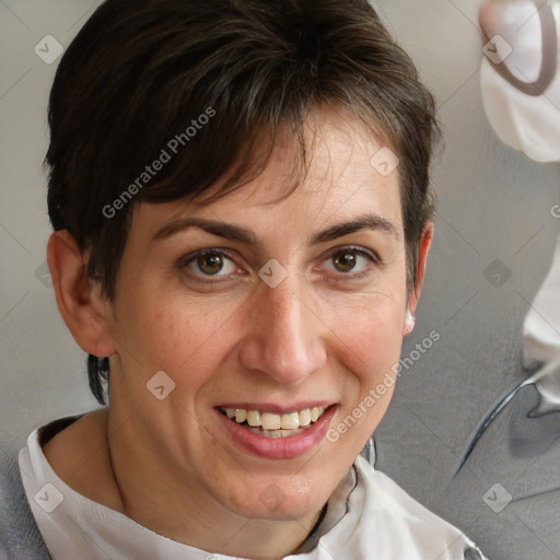 Joyful white adult female with short  brown hair and brown eyes