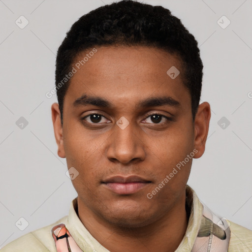 Neutral latino young-adult male with short  black hair and brown eyes