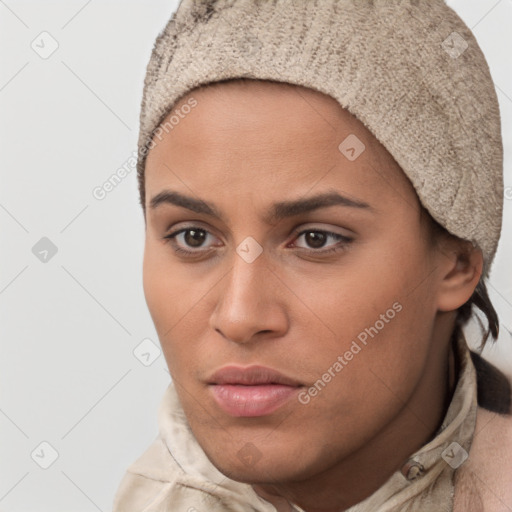 Neutral white young-adult female with short  brown hair and brown eyes