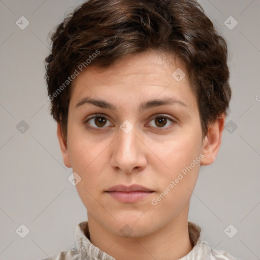 Neutral white young-adult female with short  brown hair and brown eyes