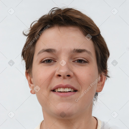 Joyful white young-adult female with short  brown hair and brown eyes