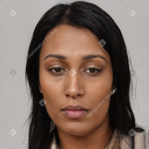 Neutral asian young-adult female with long  black hair and brown eyes