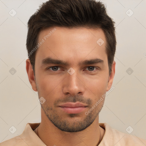 Neutral white young-adult male with short  brown hair and brown eyes