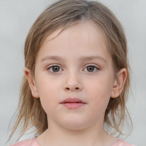 Neutral white child female with medium  brown hair and blue eyes