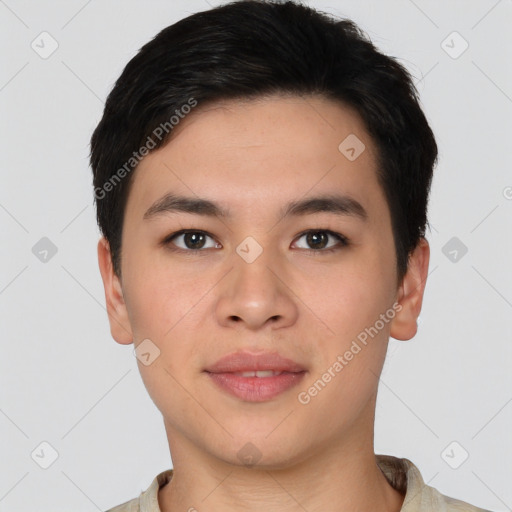 Neutral asian young-adult male with short  black hair and brown eyes