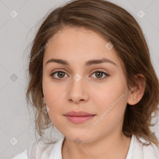 Neutral white young-adult female with medium  brown hair and brown eyes