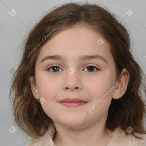 Joyful white child female with medium  brown hair and brown eyes