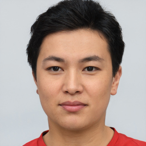 Neutral asian young-adult male with short  black hair and brown eyes
