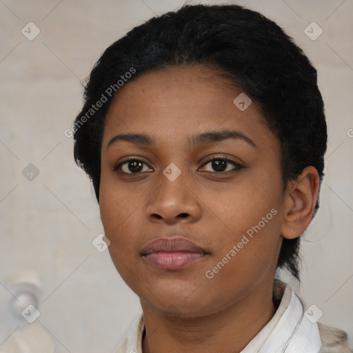 Neutral black young-adult female with short  black hair and brown eyes