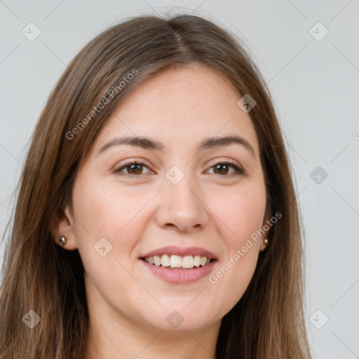 Joyful white young-adult female with long  brown hair and brown eyes