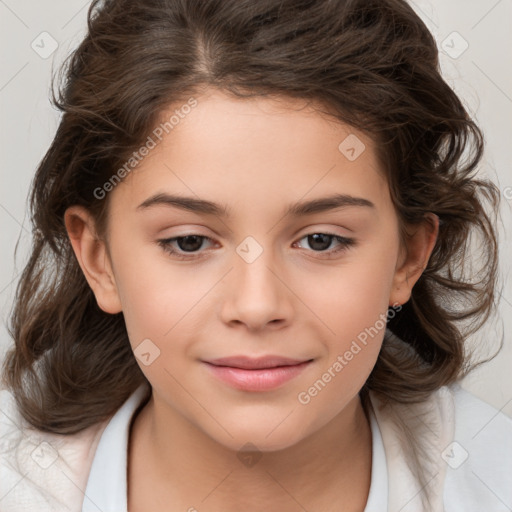 Joyful white child female with medium  brown hair and brown eyes