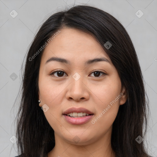 Joyful white young-adult female with long  brown hair and brown eyes