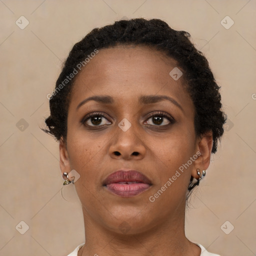 Joyful black young-adult female with short  brown hair and brown eyes