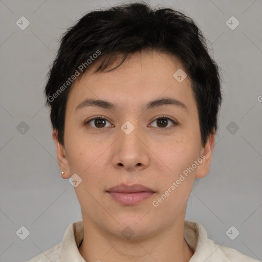 Neutral white young-adult female with short  brown hair and brown eyes