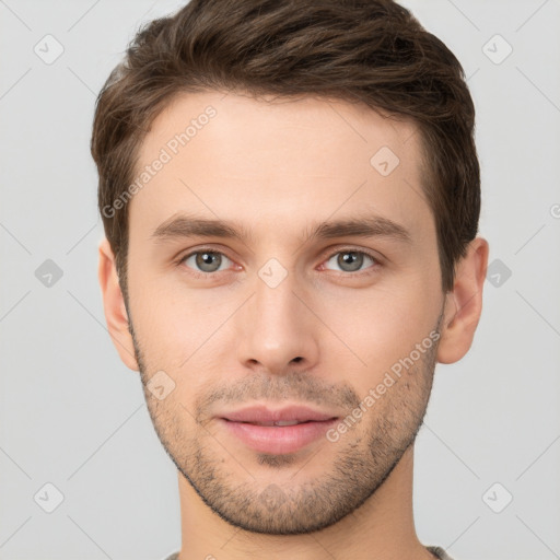 Neutral white young-adult male with short  brown hair and brown eyes