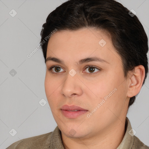 Joyful white young-adult female with short  brown hair and brown eyes