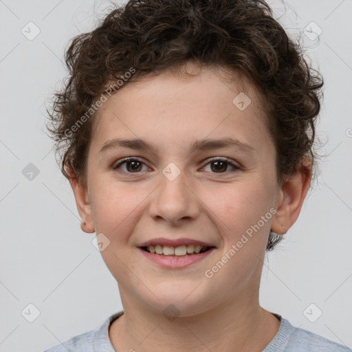 Joyful white child female with short  brown hair and brown eyes