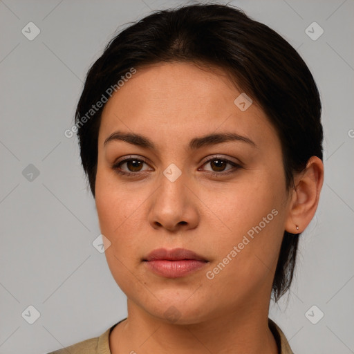 Neutral white young-adult female with short  brown hair and brown eyes