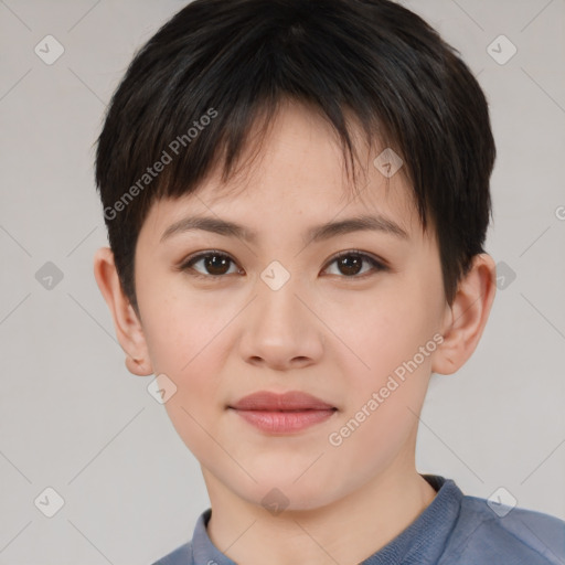 Joyful asian young-adult female with short  brown hair and brown eyes