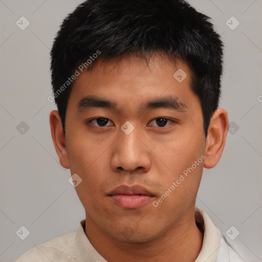 Neutral asian young-adult male with short  black hair and brown eyes