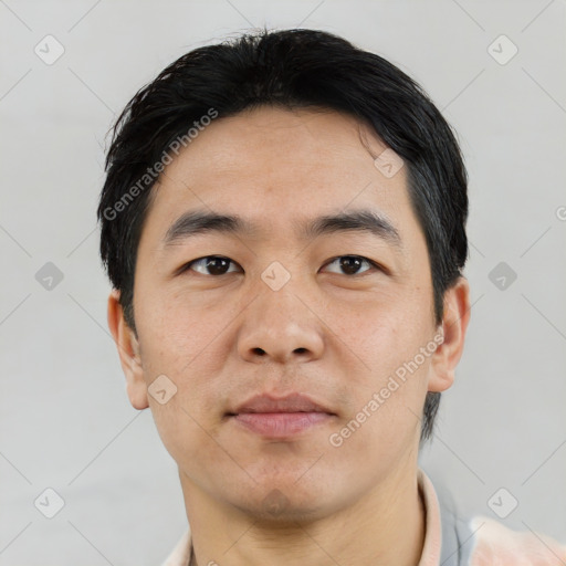 Neutral asian young-adult male with short  black hair and brown eyes