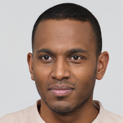 Neutral black young-adult male with short  black hair and brown eyes
