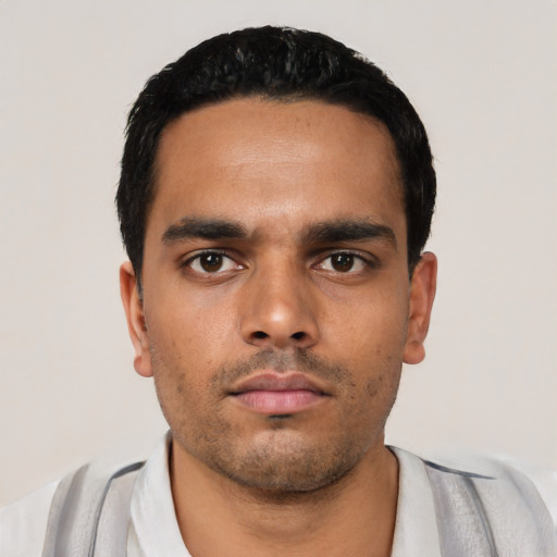 Neutral latino young-adult male with short  black hair and brown eyes