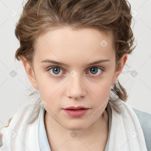 Neutral white child female with medium  brown hair and blue eyes