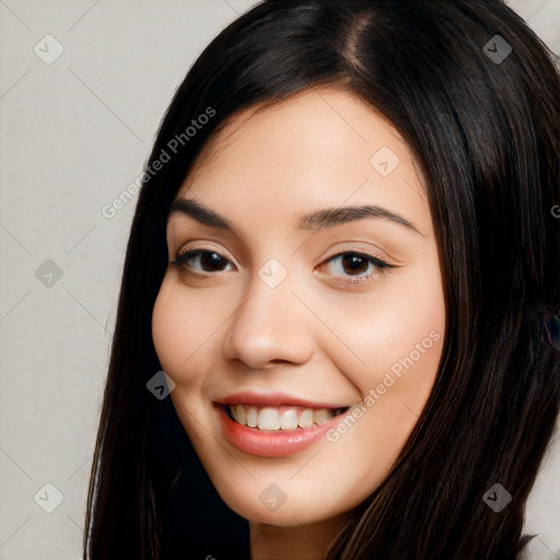 Joyful white young-adult female with long  black hair and brown eyes