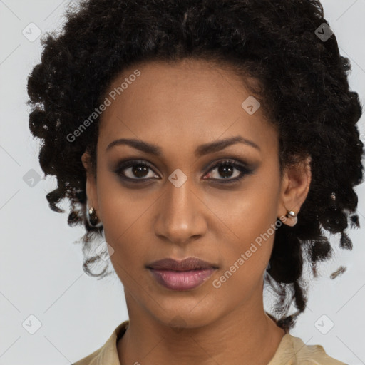 Joyful black young-adult female with long  black hair and brown eyes