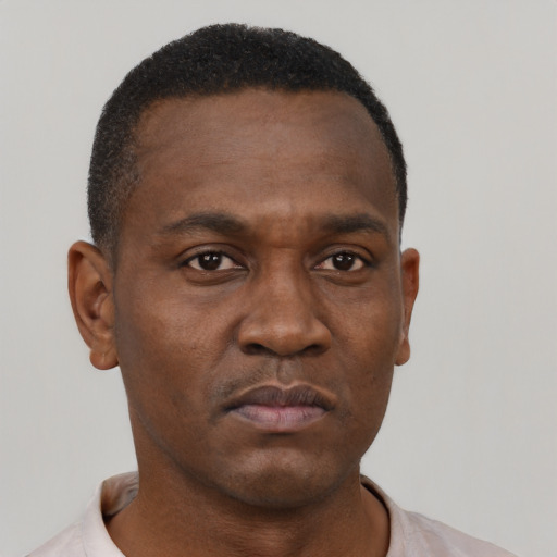 Neutral black adult male with short  black hair and brown eyes
